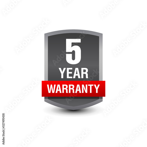 Strong powerful 5-Year warranty vector badge logo with red ribbon isolated on white background. 
