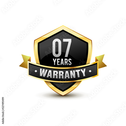 Golden color shield 7-Year warranty badge with ribbon vector illustration. Isolated on white background. 

