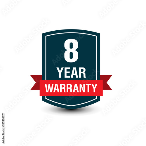 8 Year warranty simple, modern vector badge with red ribbon isolated on white background.
