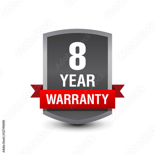 Strong powerful 8-Year warranty vector badge logo with red ribbon isolated on white background. 
