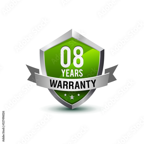 8-Year warranty powerful green color shield badge with ribbon isolated on white background. Vector illustration. 
