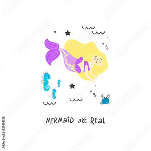  Mermaid are real  vector handwritten phrase. Cute image of a little mermaid on a transparent background