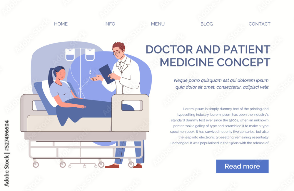 Doctor consults young sad woman with drip in hospital ward. Website, template, landing page. Vector characters flat cartoon illustration. Doctor consults young sad woman with drip in hospital ward. Website, template, landing page. Vector characters flat cartoon illustration.