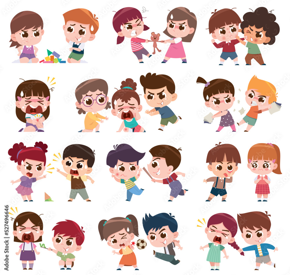 The image depicts various scenarios of children involved in arguments, fights, and bullying behaviors. The image depicts various scenarios of children involved in arguments, fights, and bullying behaviors.