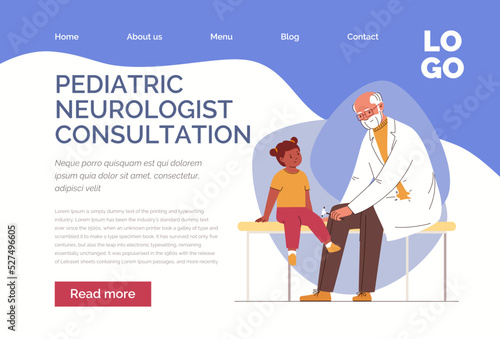 Diagnosis, treatment of neurological diseases. Neurologist checks girl child reflexes with medical hammer. Vector characters flat cartoon illustration. Web template, landing page, website.