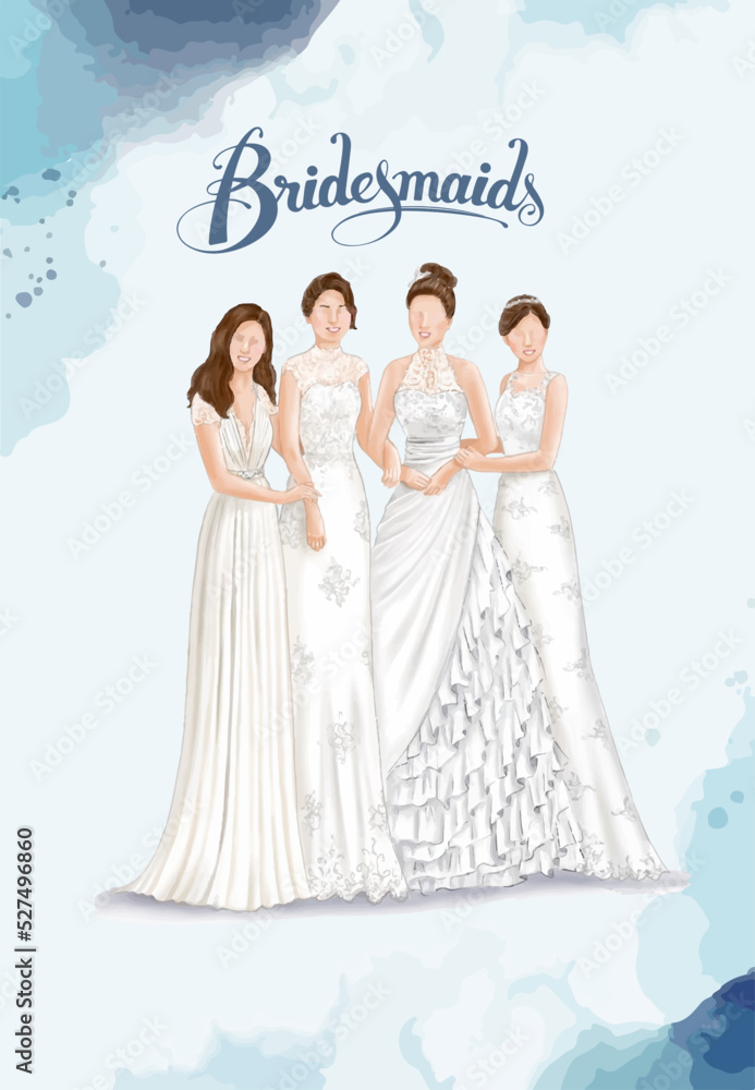 Bride and Bridesmaids on wedding day. Hand drawn watercolor vector Illustration. Bride and Bridesmaids on wedding day. Hand drawn watercolor vector Illustration.