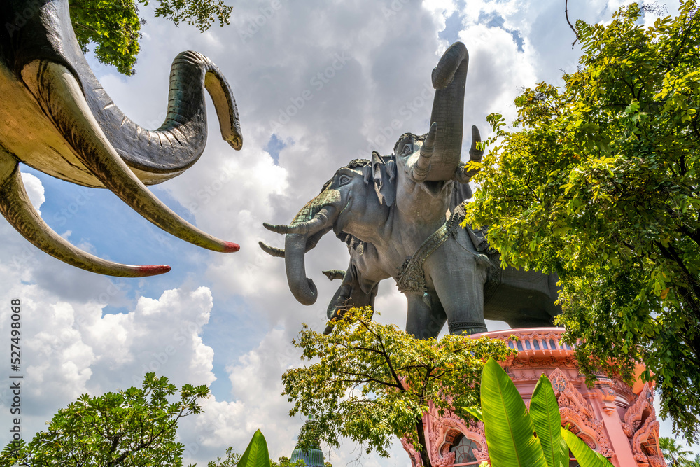 Giant threeheaded elephant statue at Erawan Museum in Bangkok Stock