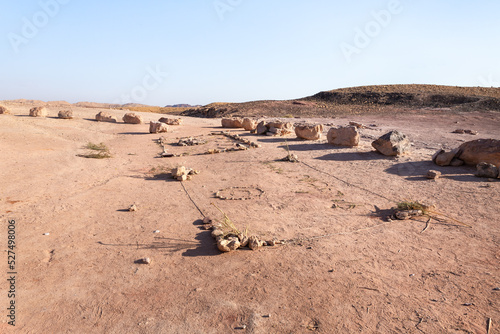 Stone sculptures made by tourists in the stone Judean desert in southern Israel