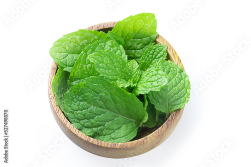 Fresh paper mint on wooden plate with clipping path.