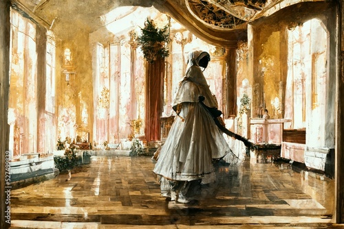 Illustration of a woman standing in a luxurious royal palace.