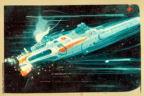 Stampa su tela A fictitious space battleship is flying in space.