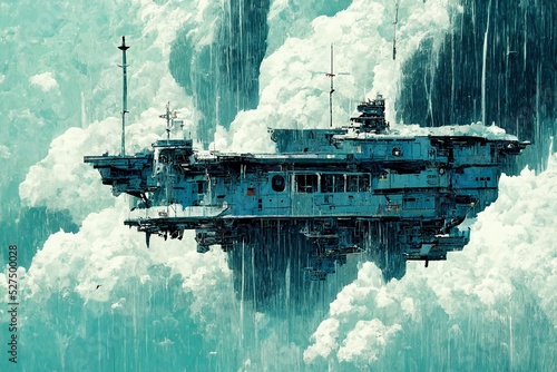 Fotografering Illustration of an imaginary battleship flying in the sky.
