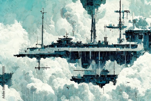Photo Illustration of an imaginary battleship flying in the sky.