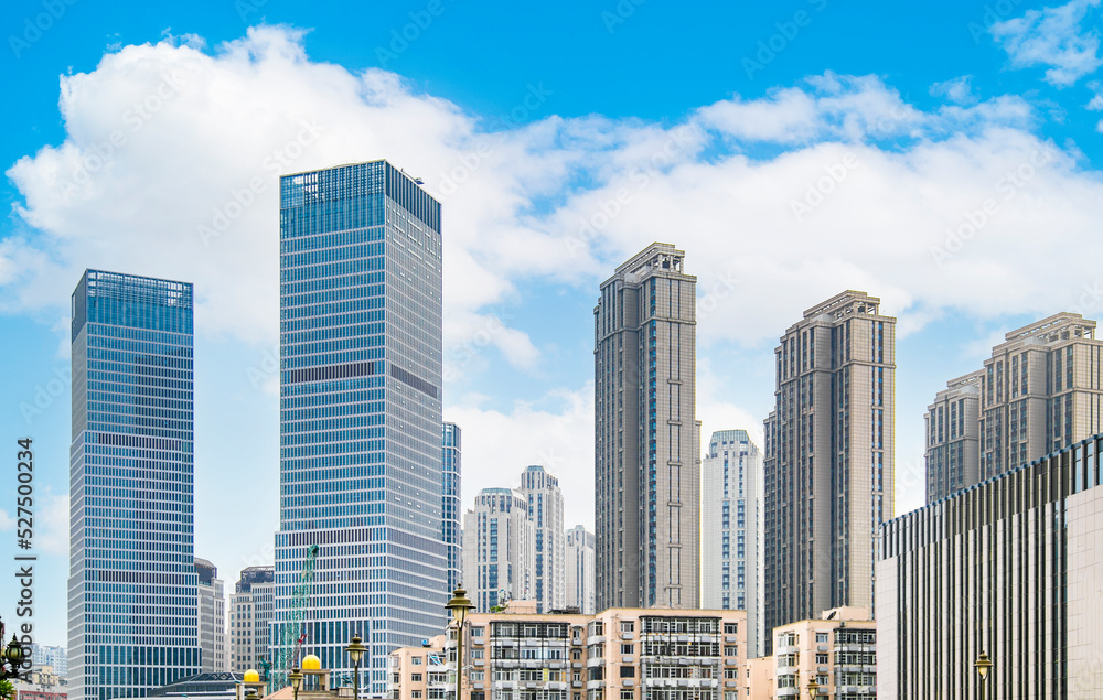 Tianjin buildings under blue sky and white clouds