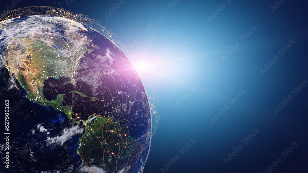 Fototapeta premium Globalization and communication concept. Earth and luminous rays. 3d rendering