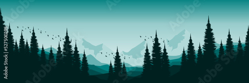 silhouette of forest mountain landscape nature vector illustration good for wallpaper, background, backdrop, banner, web, travel,  adventure, illustration, and design template