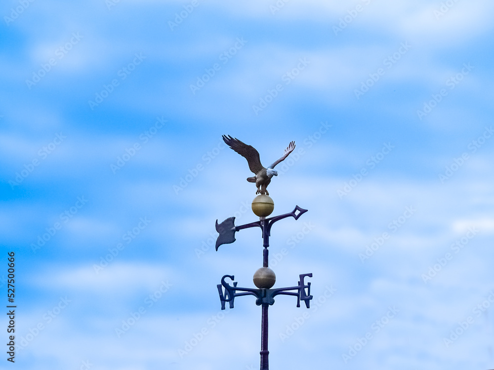 Weather-vane against sky comprising eagle,pointer and points of compass