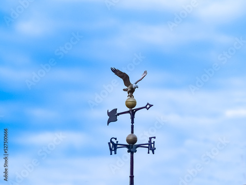 Weather-vane against sky comprising eagle,pointer and points of compass