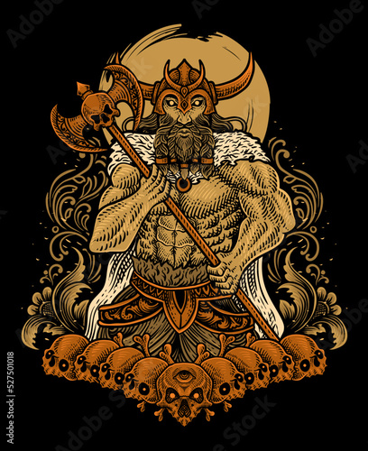 Illustration antique viking warriors with skull and engraving ornament