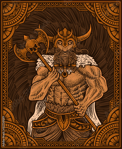 Illustration antique viking warriors with engraving ornament frame