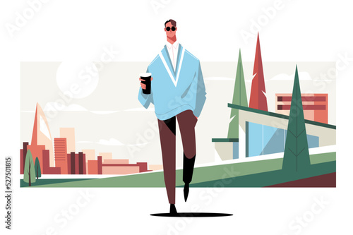 Stylish man in pullover walk on city street
