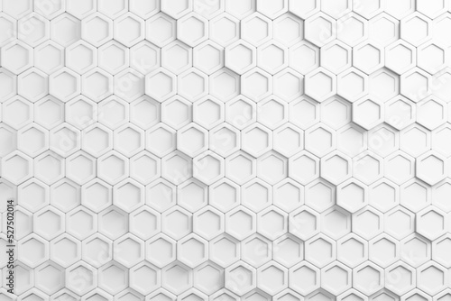 Fototapeta Naklejka Na Ścianę i Meble -  Honeycomb mosaic white geometric pattern futuristic background. 3d illustration realistic abstrac wallpaper  hexagon mesh cells texture.