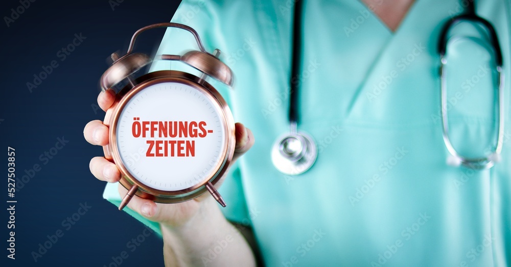 Öffnungszeiten einer Praxis. Arzt zeigt Wecker/Uhr mit Text. Hintergrund blau. Öffnungszeiten einer Praxis. Arzt zeigt Wecker/Uhr mit Text. Hintergrund blau.