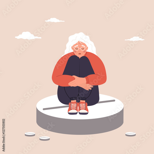 Drugs to relieve menopause symptoms. Sad elderly woman sitting on large pill. Female age problems. Vector illustration in flat cartoon style.