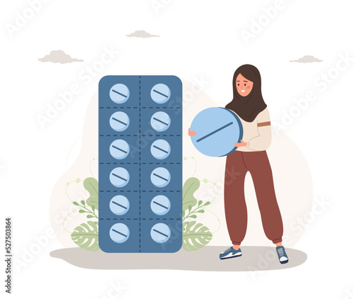 Islamic woman with big pill. Meds in blisters. Antidepressants, vitamins and hormonal medications. Pharmacology and medical treatment. Vector illustration in flat cartoon style.