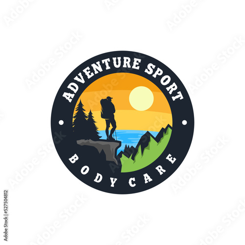 adventure hiking logo vector vintage with sunset logo design template