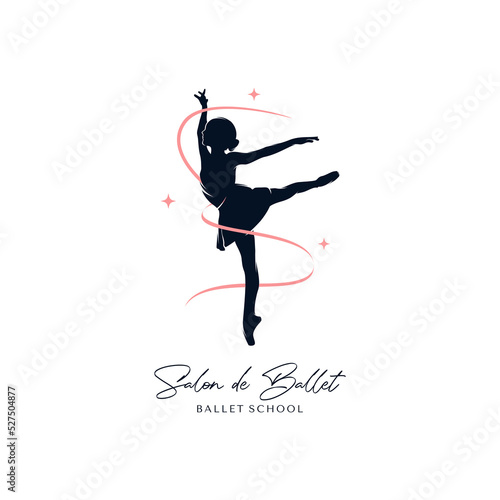 Ballet dancer silhouette with ribbons and stars logo design template