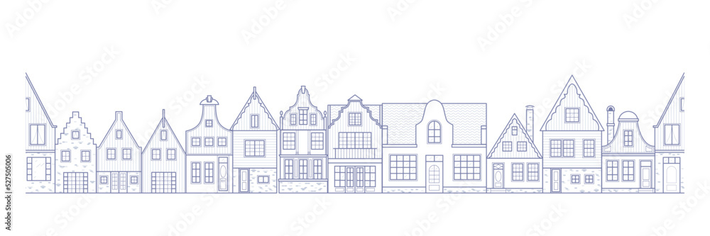 European houses seamless border. Deutsch buildings row pattern. Street of the city in outline style. Vintage architecture landscape. Vector panorama