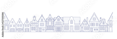 European houses seamless border. Deutsch buildings row pattern. Street of the city in outline style. Vintage architecture landscape. Vector panorama