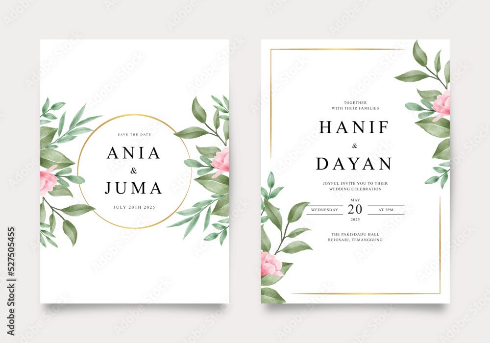 Minimalist wedding invitation template with floral watercolor