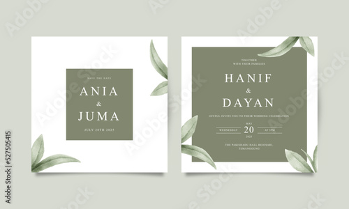Minimalist wedding invitation card with watercolor leaves