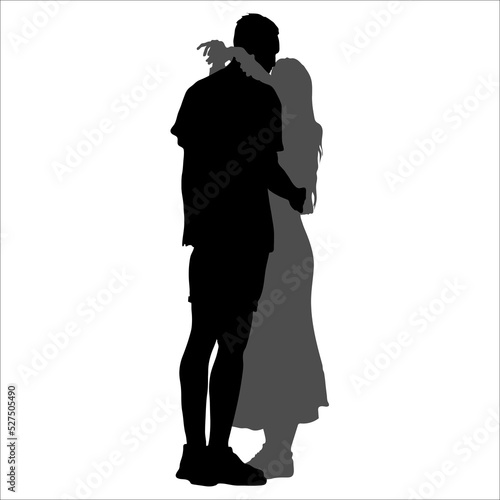 Two vector silhouettes. The guy and the girl are standing close to each other, hugging. The girl's hands are on the boy's shoulders. Isolated on white background. lovers