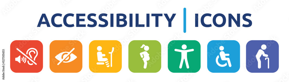 Accessibility icon collection. Containing deaf, blind, disabled person, pregnant, handicapped sign and elderly man icon set. Accessibility icon collection. Containing deaf, blind, disabled person, pregnant, handicapped sign and elderly man icon set.