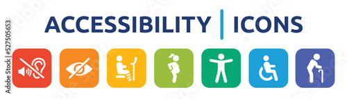 Accessibility icon collection. Containing deaf, blind, disabled person, pregnant, handicapped sign and elderly man icon set.