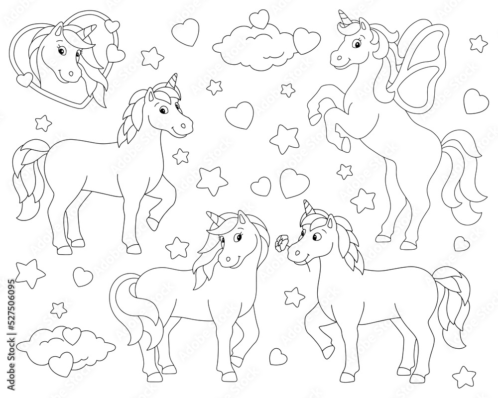 Lovely unicorns in love. Coloring book page for kids. Valentine's Day. Cartoon style character. Vector illustration isolated on white background.