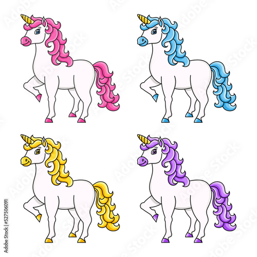 Cute unicorn. Magic fairy horse. Cartoon character. Colorful vector illustration. Isolated on white background. Design element. Template for your design, books, stickers, cards.