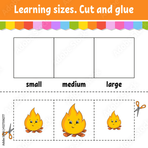 Learning sizes. Cut and glue. Easy level. Color activity worksheet. Game for children. Cartoon character. Vector illustration.