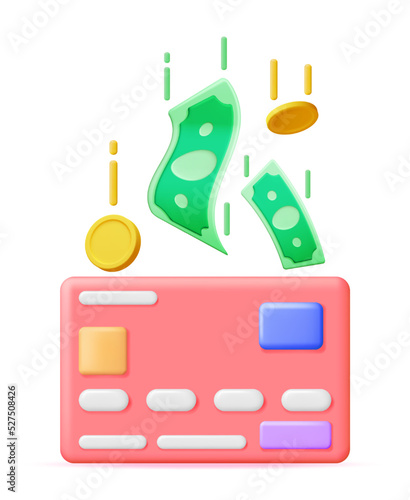 3D Bank Card and Money in Air. Render Credit Card with Chip and Money Cash. Business Finance, Online Shopping and Banking. Cashless Payment. Financial Transactions, Money Transfer. Vector Illustration