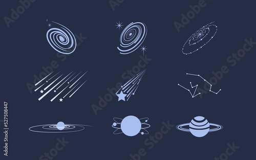 Set of Astronomy and Space Icons. Galaxy, planet, satellite, orbit, meteor, orbit, asteroid.