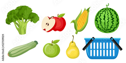 Collection set of food objects vegetable fruit apple water melon pear corn cauliflower zucchini