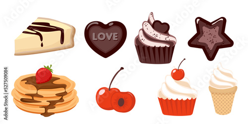 Collection set of dessert object cheese cake pancake chocolate muffin cookie cherry strawberry