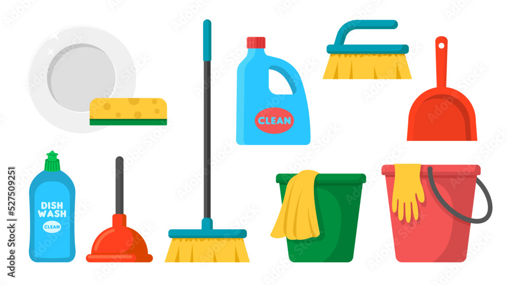 Collection set of cleaning tool broom mop bucket dustpan sponge brush  detergent rag Stock Vector | Adobe Stock