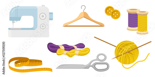 Collection set of sewing kit sewing machine scissors wool thread coat hanger measurement tape button