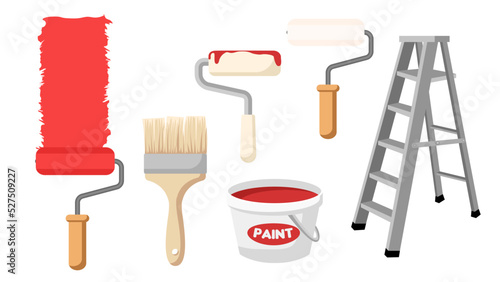 Collection set of painting tool brush paint roller brush stepladder