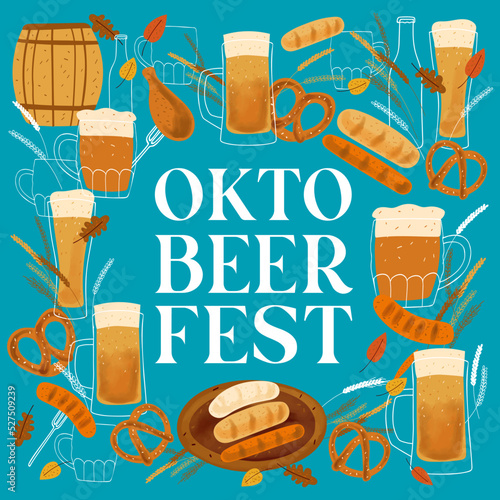 Octobeerfest Beer festival card design with stylized illustration mugs of beer, pretzel snack and grilled sausage on blue background