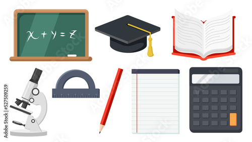 Collection set of school study object blackboard calculator note book paper pencil microscope ruler bachelor cap